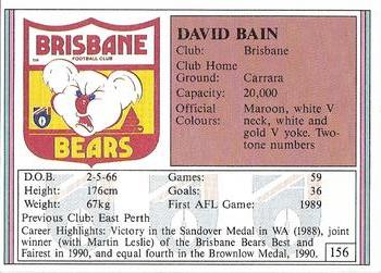 1992 AFL Regina #156 David Bain Back